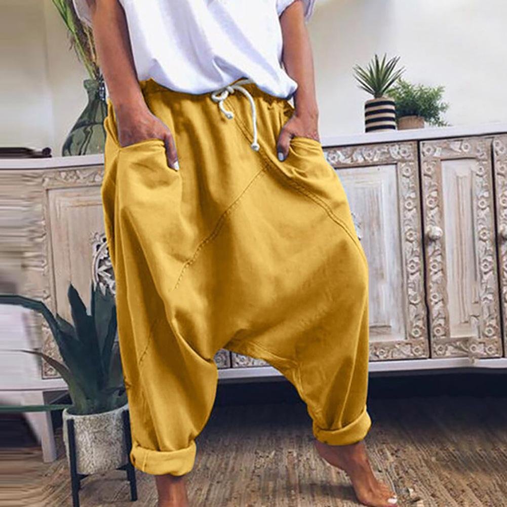 Women Casual Drawstring Pockets Drop Crotch Baggy Long Trousers Harem Pants P16400