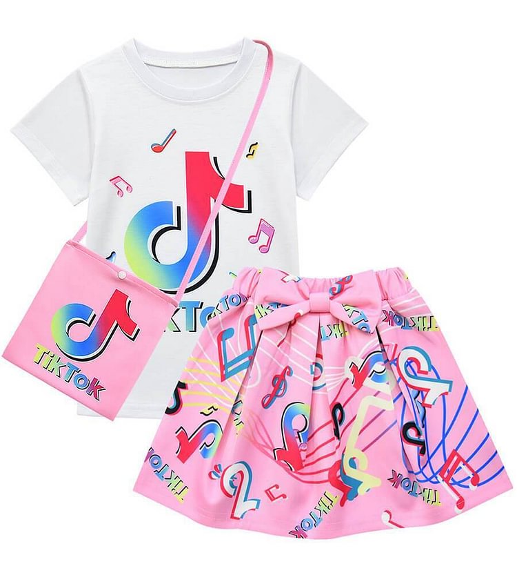 Mayoulove Girls Tik Tok Print T Shirt And Skirt With Bag Short Outfit 3 Sets-Mayoulove