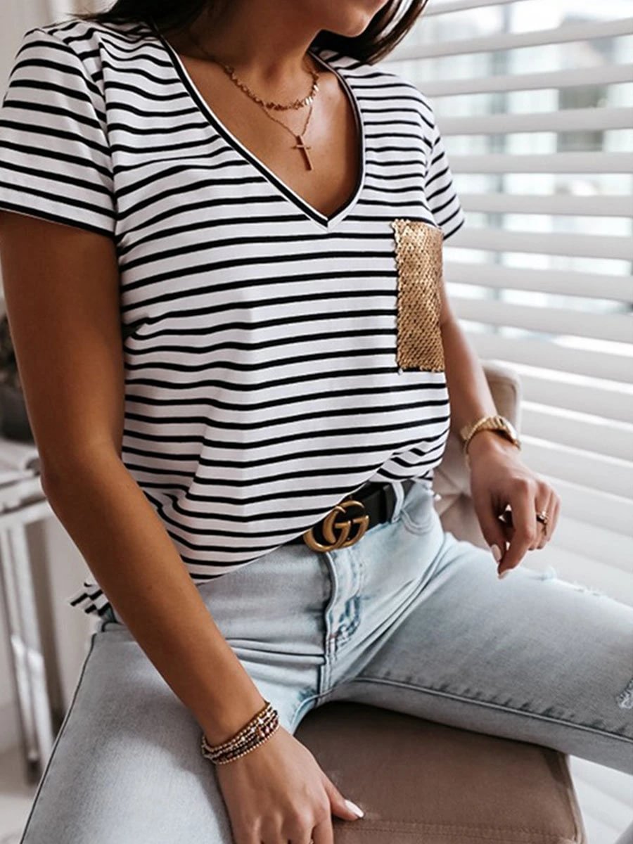 Striped Sequin Pocket V-neck Short-sleeved T-shirt P15595