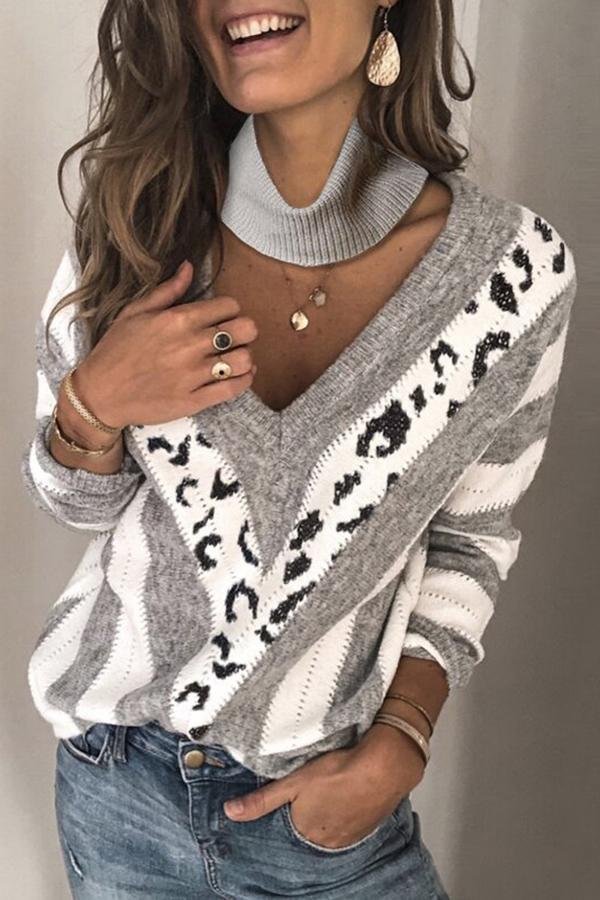Patchwork High Neck Cut Out Sweater P13865