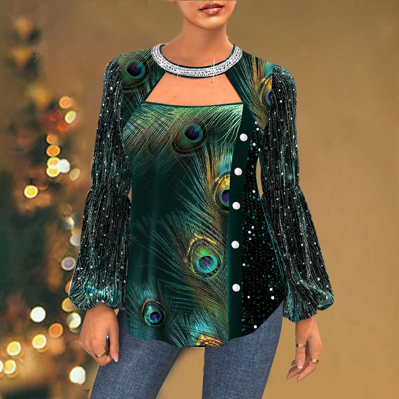 Peacock Feather Pattern Sequins Fashion Patchwork Halter Neck Casual Lantern Sleeves Velvet Tunic Tops