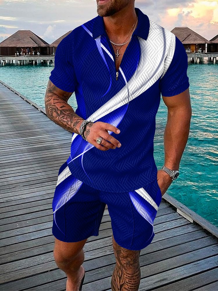 Blue Printed Polo Suit