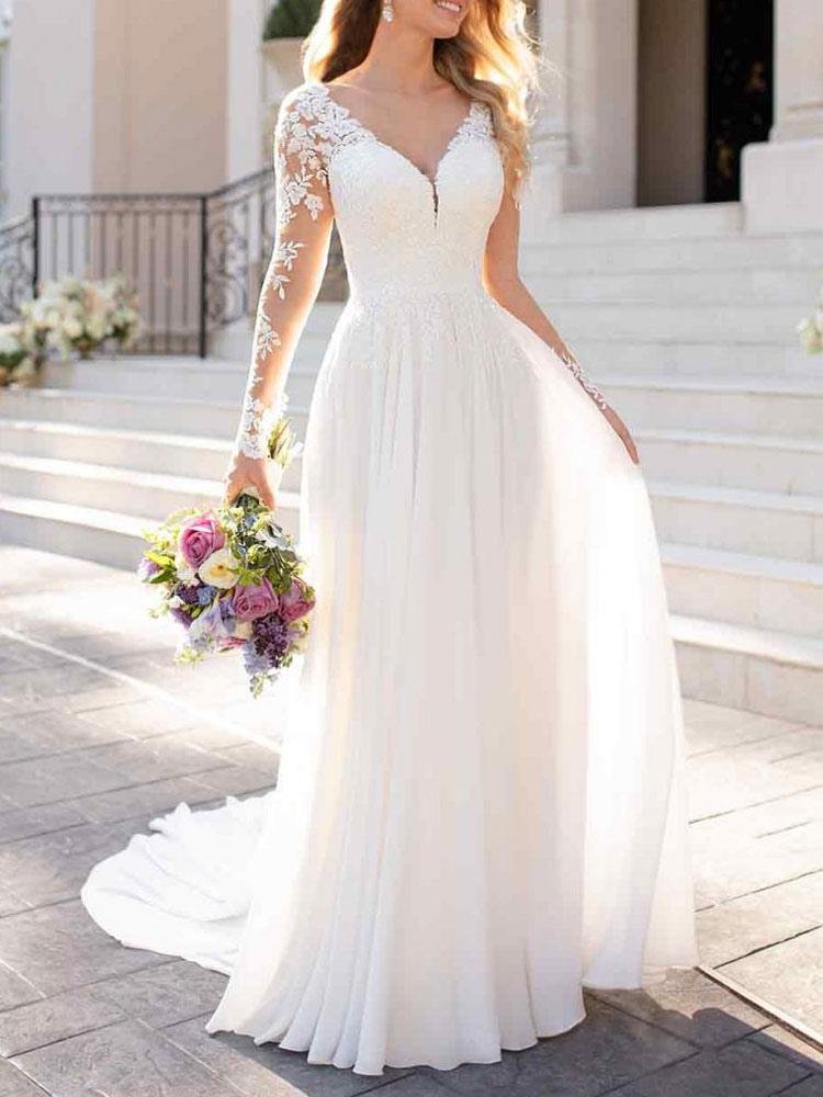 Luluslly Long Sleeves Lace Tulle Wedding Dress Summer