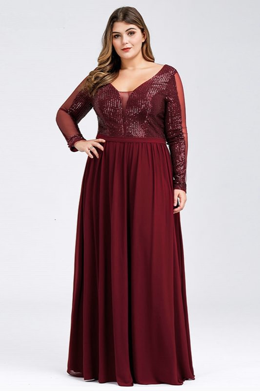 Burgundy Long Sleeve Plus Size Prom Dress Mermaid Sequins Evening Gowns