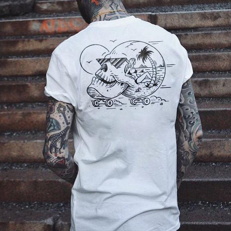 Skull Beach Coconut Tree Print Short-sleeved T-shirt - Krazyskull