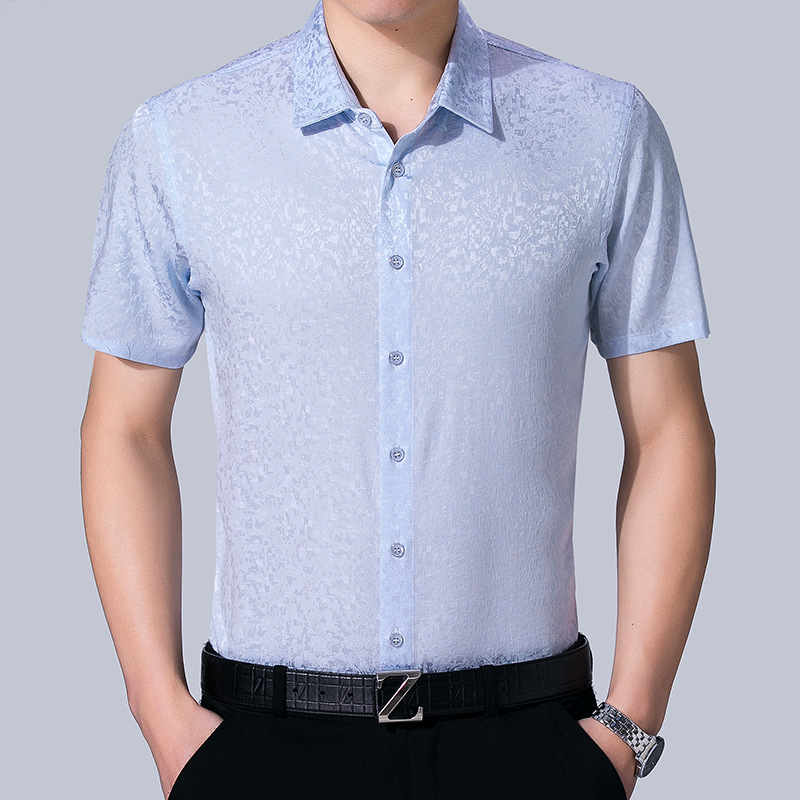 Sky Blue Jacquard Short Sleeves Silk Shirt For Mens