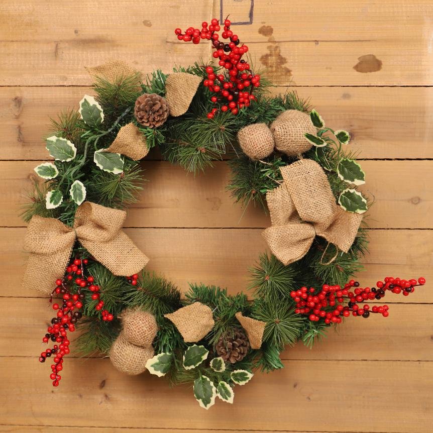 Burlap Bowknot Red Berries Artificial Christmas Wreaths For Windows Wreaths For Winter
