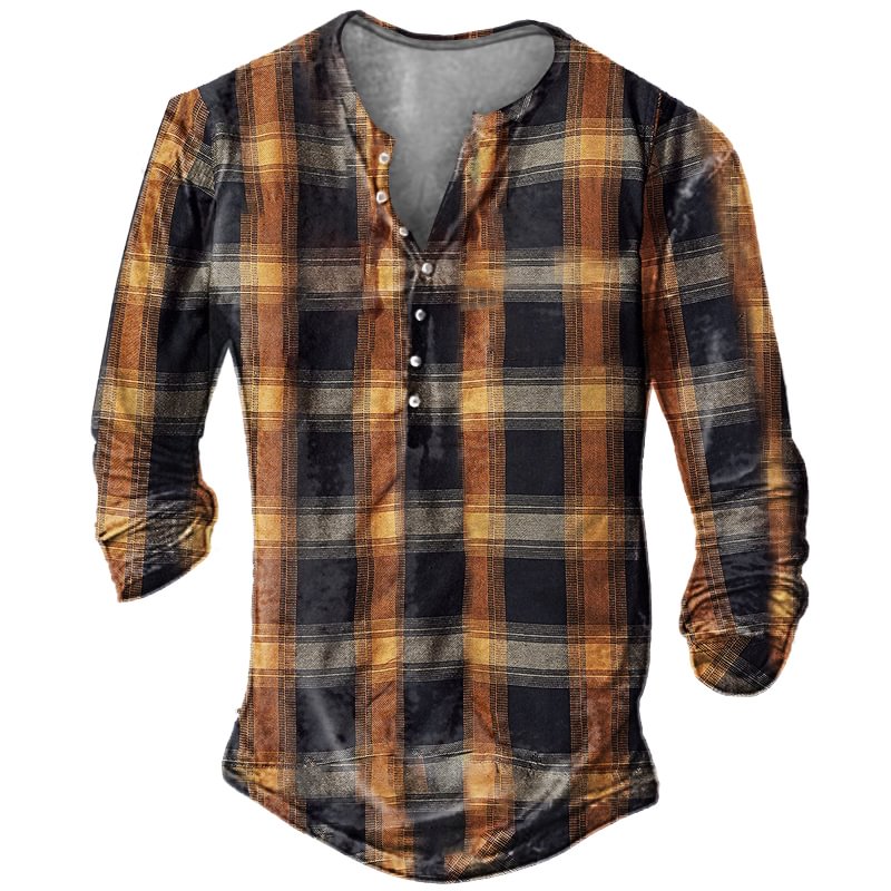 Men's Outdoor Plaid Print Henley Shirt / [viawink] /