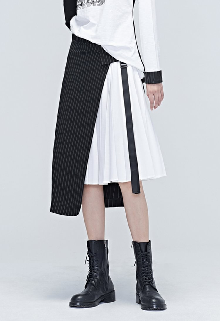 SDEER Striped pleated patchwork skirt