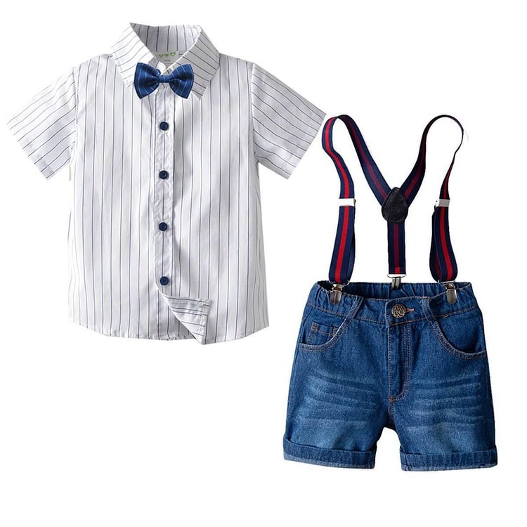 Baby Boys Short Sleeve Shirt With Bowtie Suspender Short Jeans Suits-Mayoulove