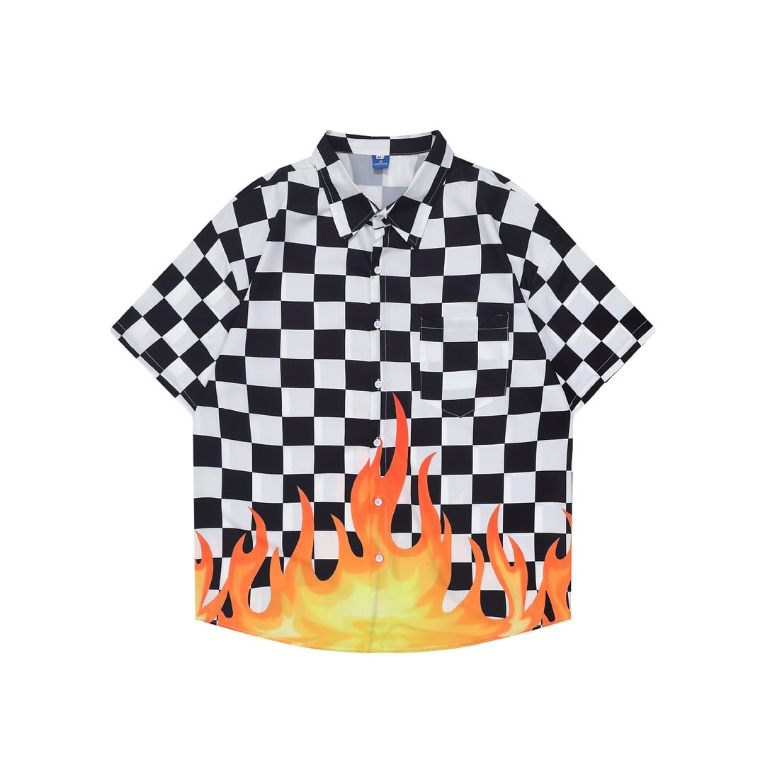 Checkerboard Flame Print Short Sleeve Shirt / Techwear Club / Techwear