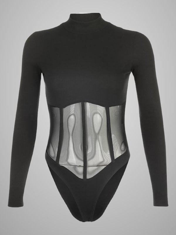 Sexy Paneled Cutout Mesh See-through Turtle Collar Long Sleeve Slim Bodysuit