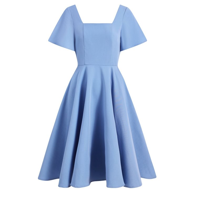 Mayoulove 1950s Dress Square Collar Ruffled Sleeve Backless Plain Vintage Swing Dresses-Mayoulove