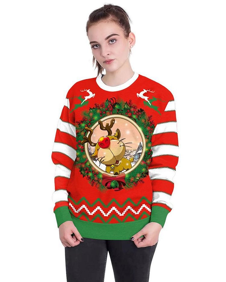 Mayoulove Reindeer Rudolf At Christmas Wreath Stripe Print Pullover Sweatshirt-Mayoulove