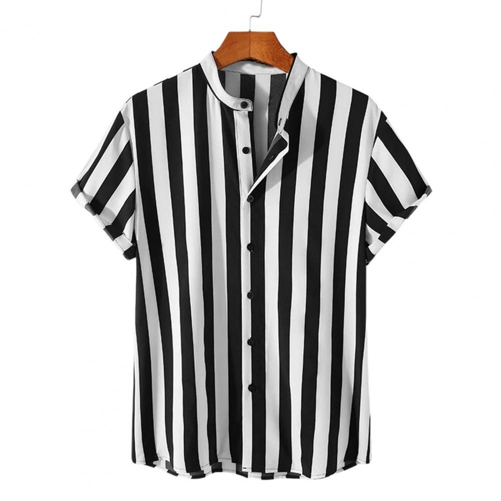 Black&White Striped Pattern Short Sleeve Men's Shirts-VESSFUL