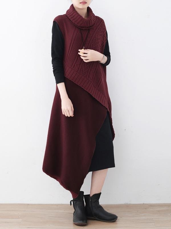 Casual Vintage Knitting High-Neck Sleeveless Dress