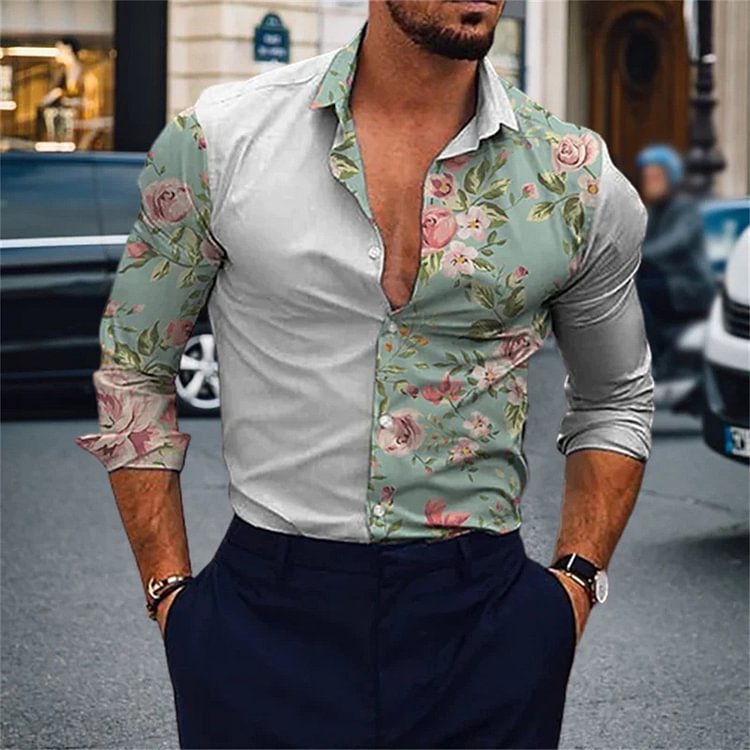 BrosWear Fashion Floral Colorblock Long Sleeve Shirt