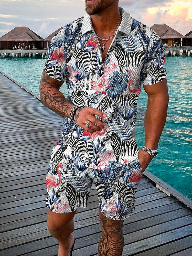 Men's Vacation Zebra Floral Printed Polo Suit