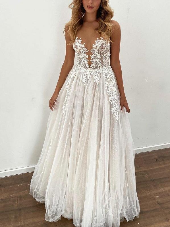 Sexy lace mesh floor length wedding dress