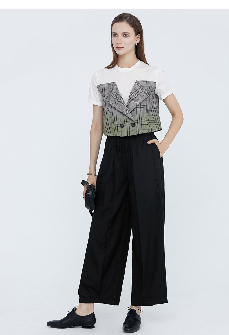 SDEER Fashion round neck plaid stitching gradient short-sleeved T-shirt