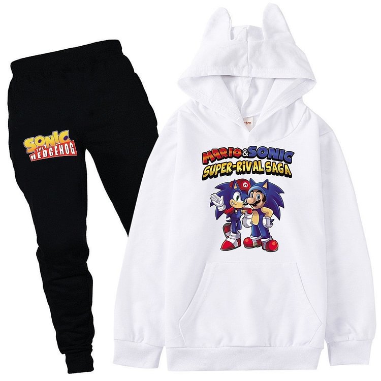 Mayoulove Mario Sonic Super Rival Saga Print Girls Boys Cotton Hoodie Sport Suit-Mayoulove