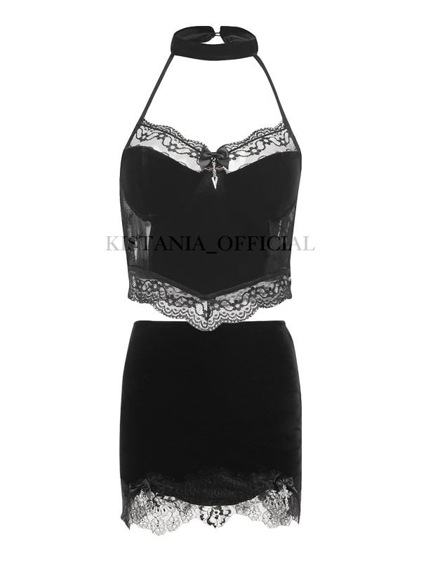 Velvet 2-piece Sets: Lace Paneled Halter Bowknots & Cross Decorated Crop Top + Lace Paneled Cross High Rise Bodycon Skirt