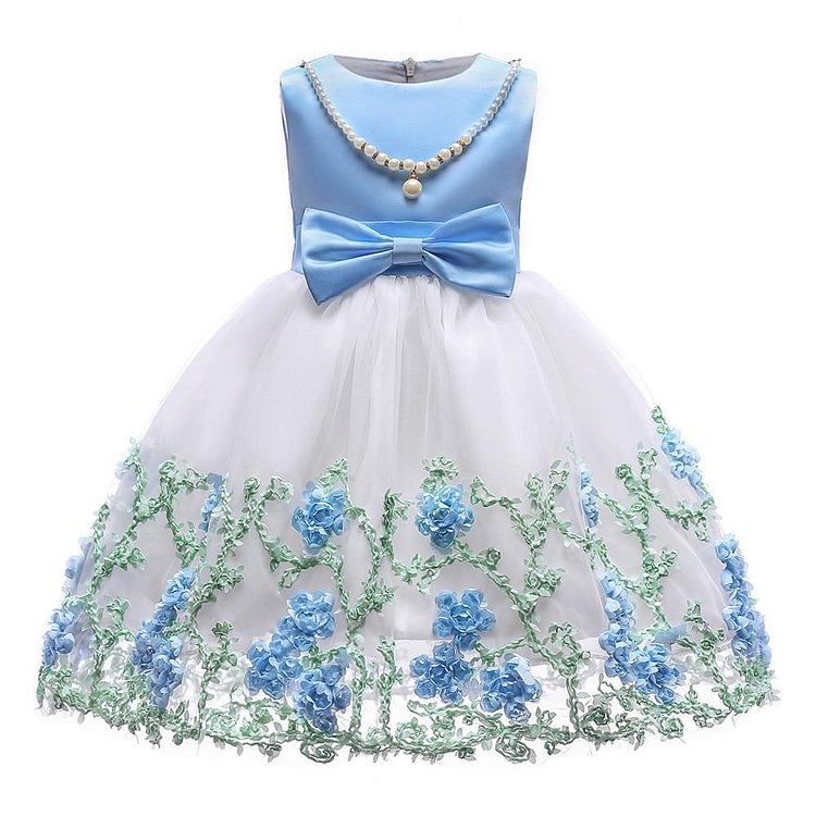 Blue White Flower Girls Pearl Necklace Bowknot Tulle Party Gown Dress-Mayoulove