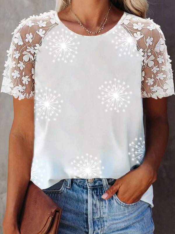 Crew Neck Flower Printed Lace Short Sleeve Top