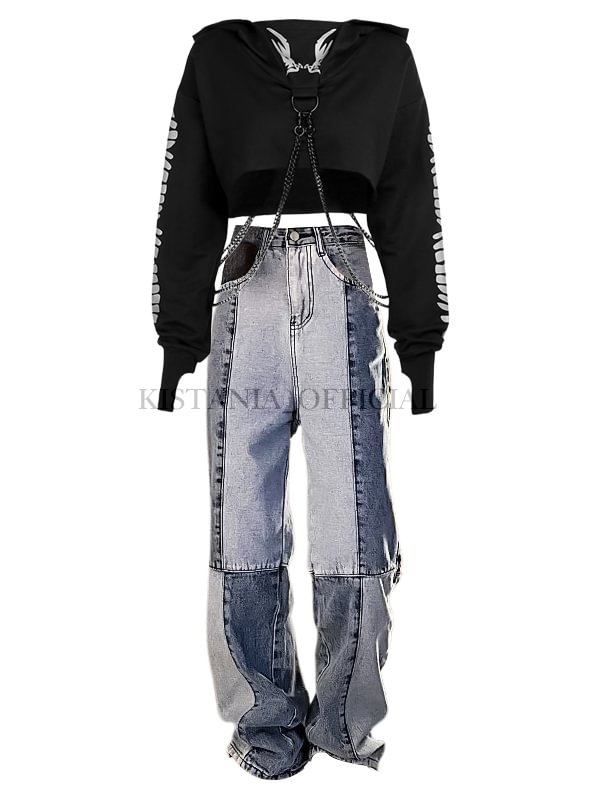 Crew Neck Graphic Skeleton Cropped Hoodies + Paneled Color Block High Rise Straight Pattern Jeans 2 Pieces Sets