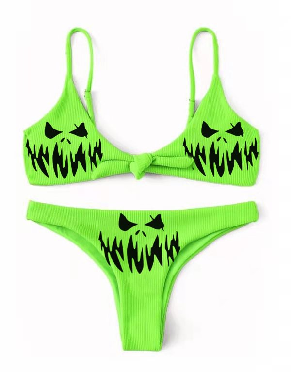 Summer Ribbing Knots Devil Printed Adjustable Spaghetti Straps Triangle Bikini Sets
