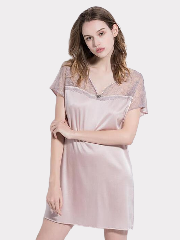 19 Momme Elegant Champagne Lace Silk Nightgown