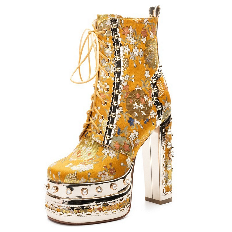 Wedding Fashion Hand-set Diamonds Rhinestone Yellow Silk Lace Up Platform Chunky Heel Ankle Boots