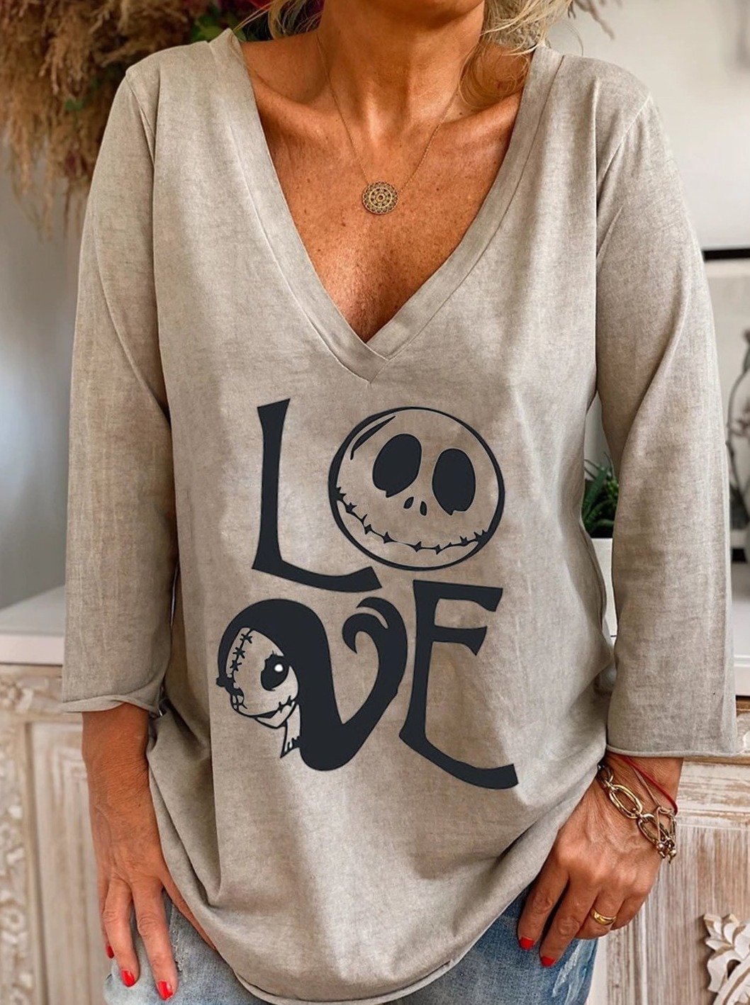 Casual V-Neck Long-Sleeved Cotton Top