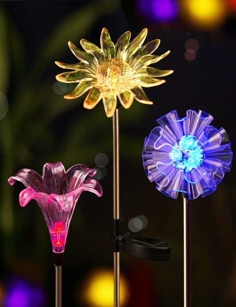 Bright Solar Stake Lights, Life-Size Figurines LED, [Set of 3] Dandelion & Lily & Sunflower-Color Changing Set of 3: Dandelion / Lily / Sunflower、、sdecorshop