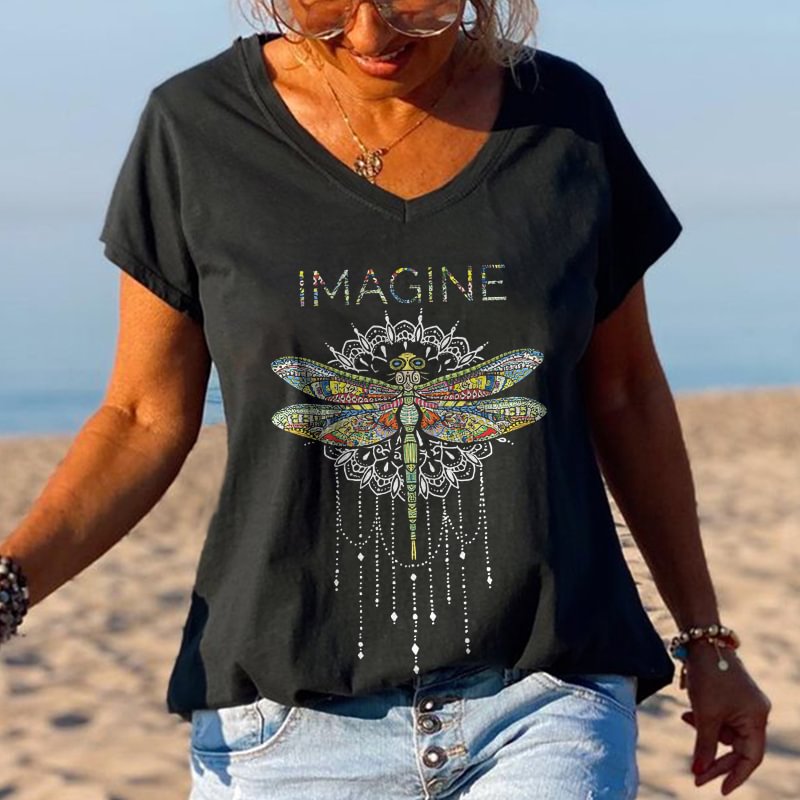 Imagine Dragonfly Printed V-neck T-shirt