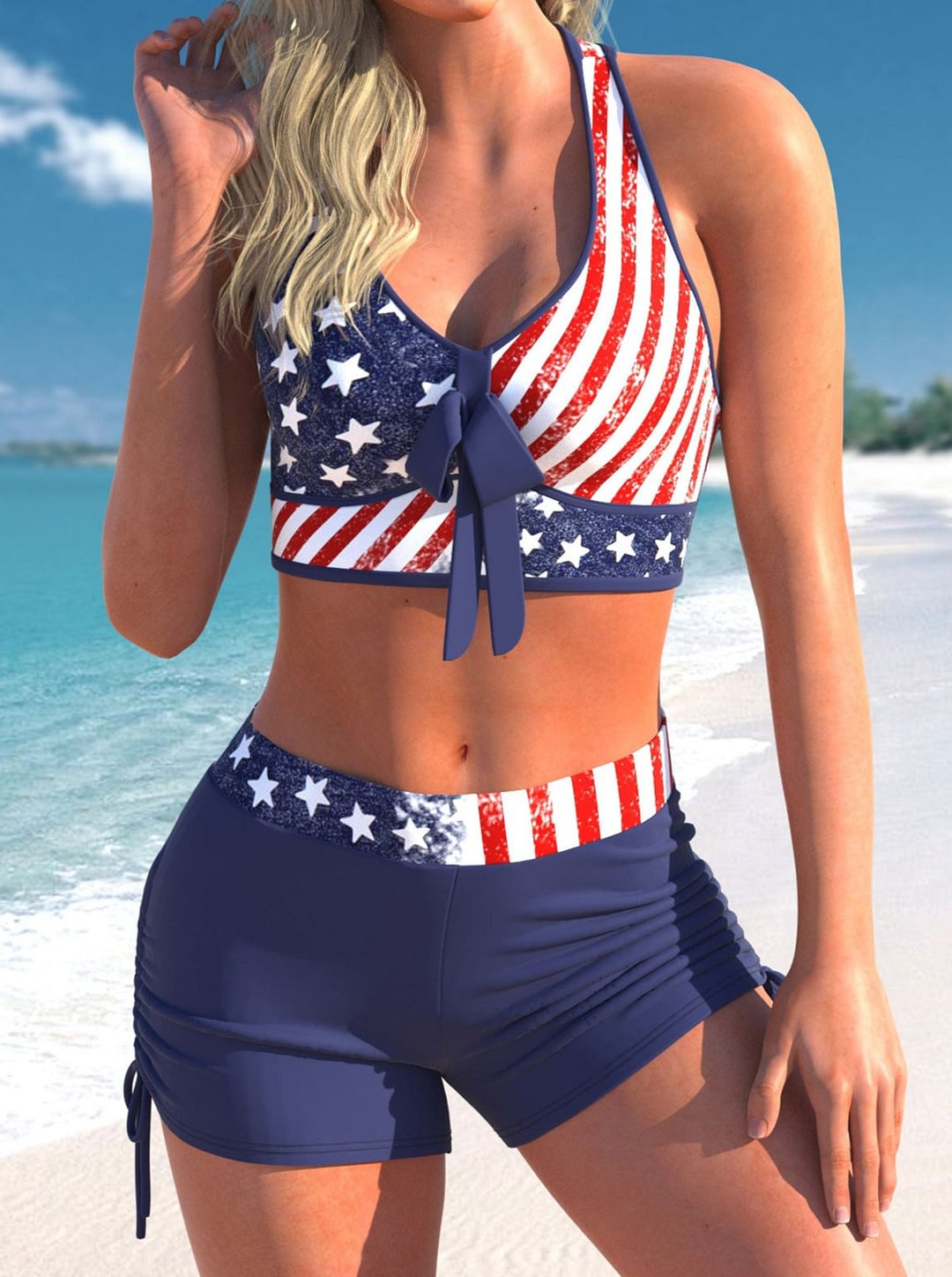American Flag Print Navy Blue Cross Strap Bikini Set