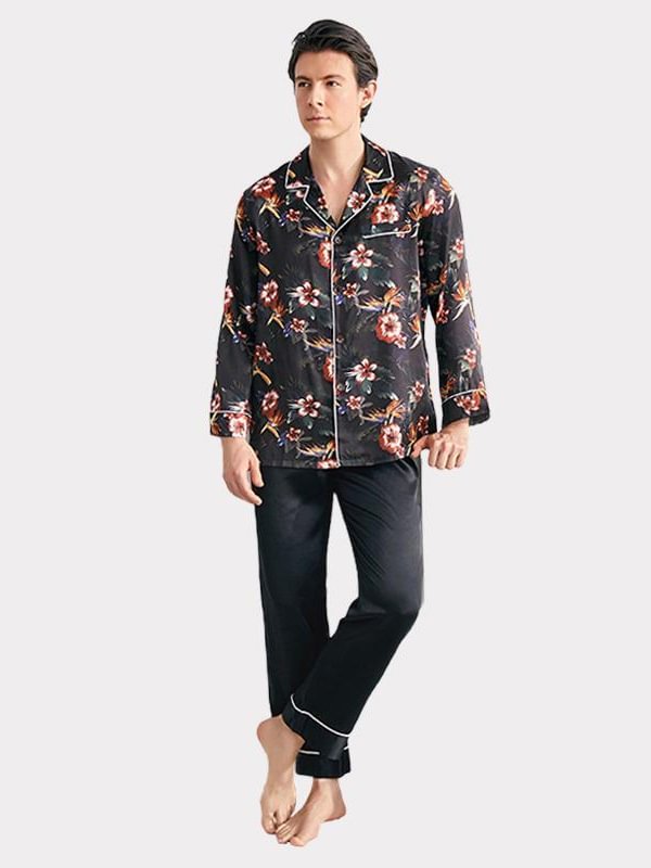 Black Floral Printed Men's Silk Pajama Set