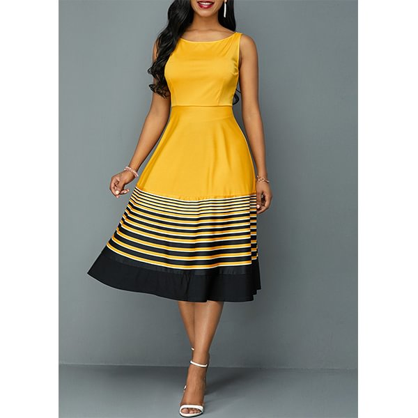 Round Neck Stripe Print High Waist Woman Fashion Dress