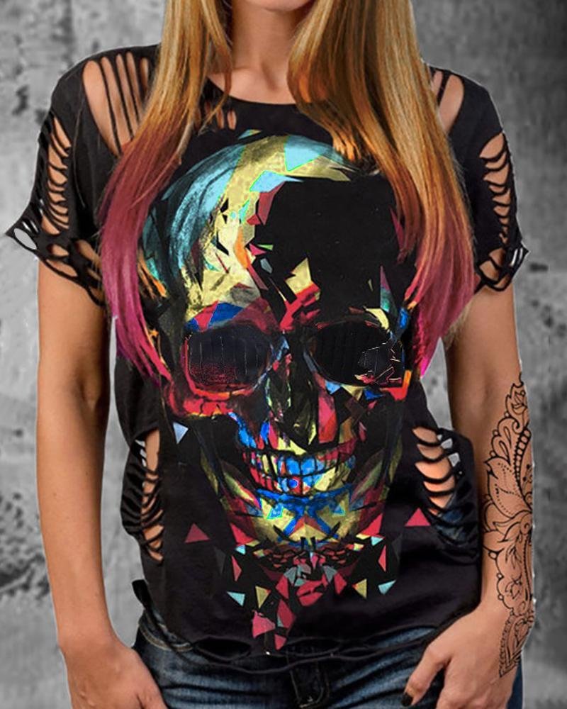 Skull Print Colorblock Cutout T-shirt P14821