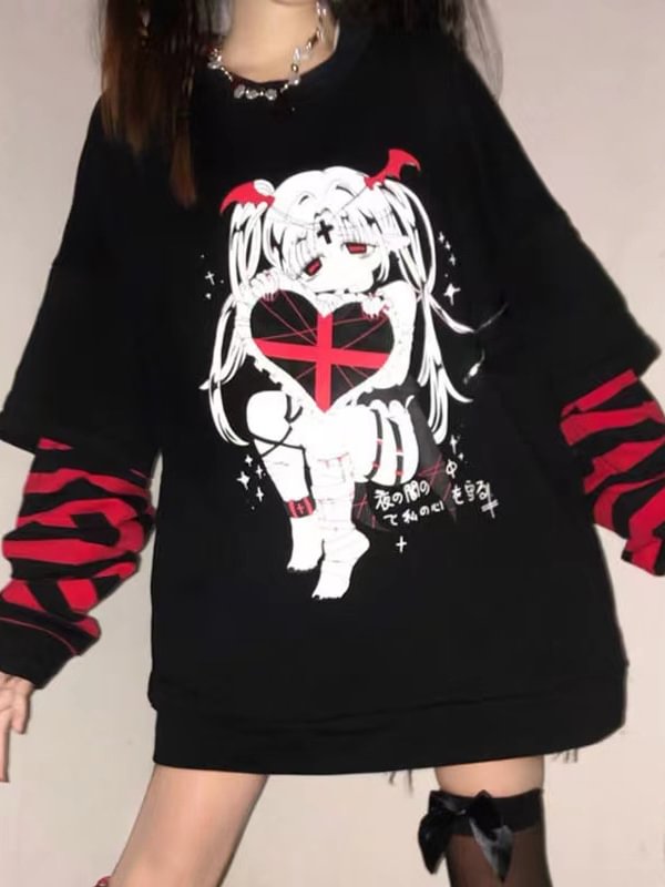 Dark Goth Paneled Dark Girl Printed Color Block Oversize Sweatshirt