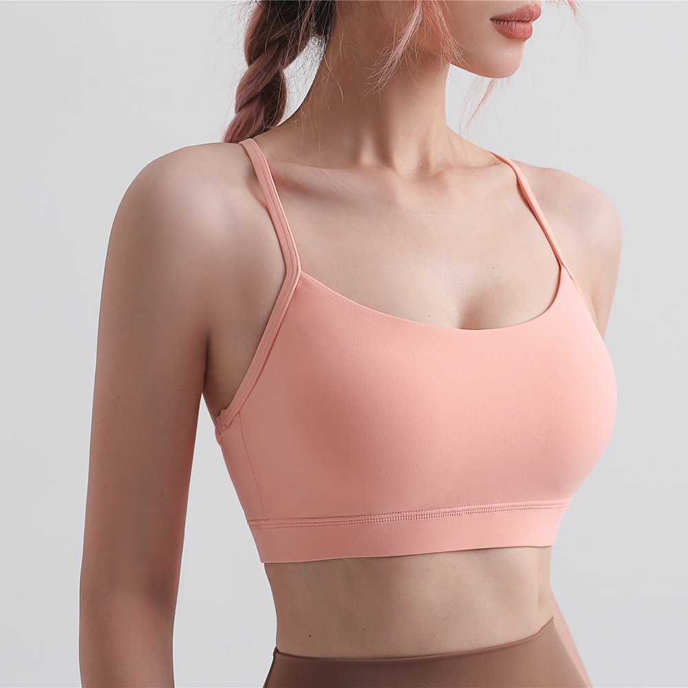 Hergymclothing Shrimp Pink racer back thin straps hollow out breathable low impact sports bra online shopping