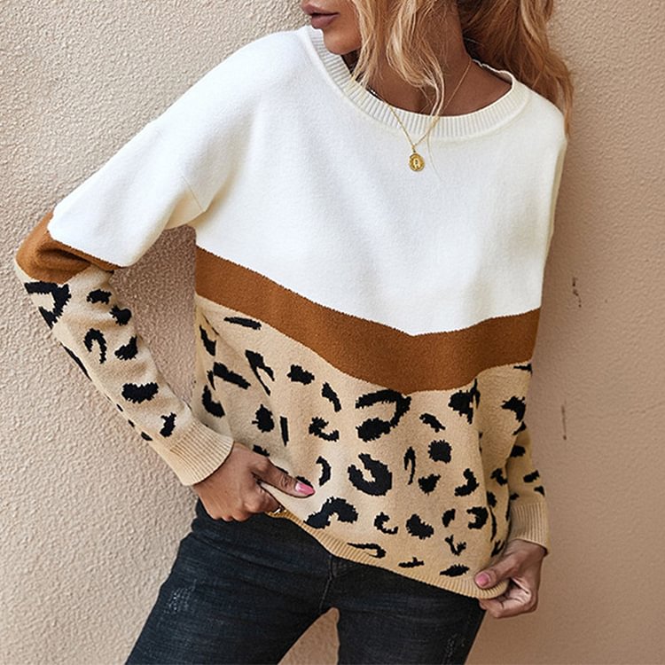 Women Leopard Color Block Pullover Sweater