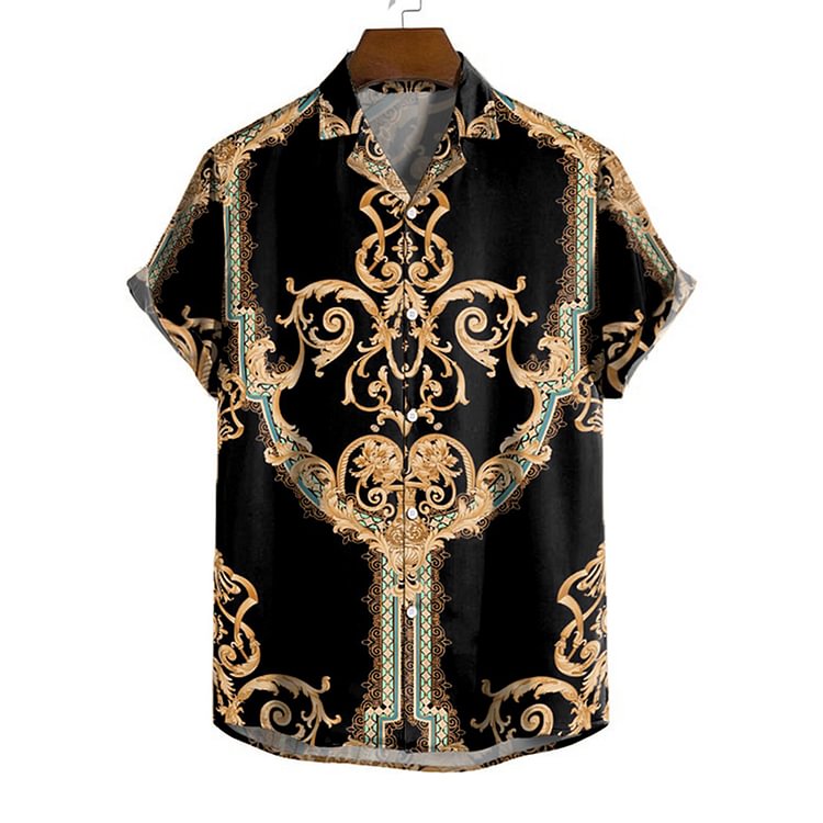 BrosWear Black Baroque Print Short Sleeve Shirt