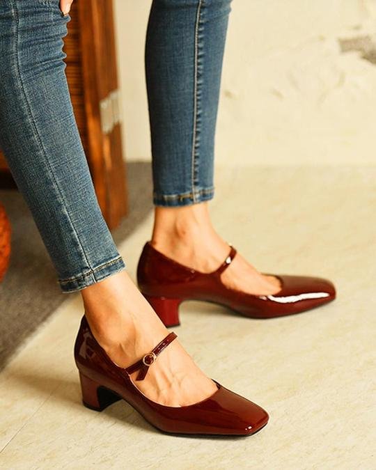 Square Toe Heeled Solid color buckle thick Women‘s low heel - vzzhome