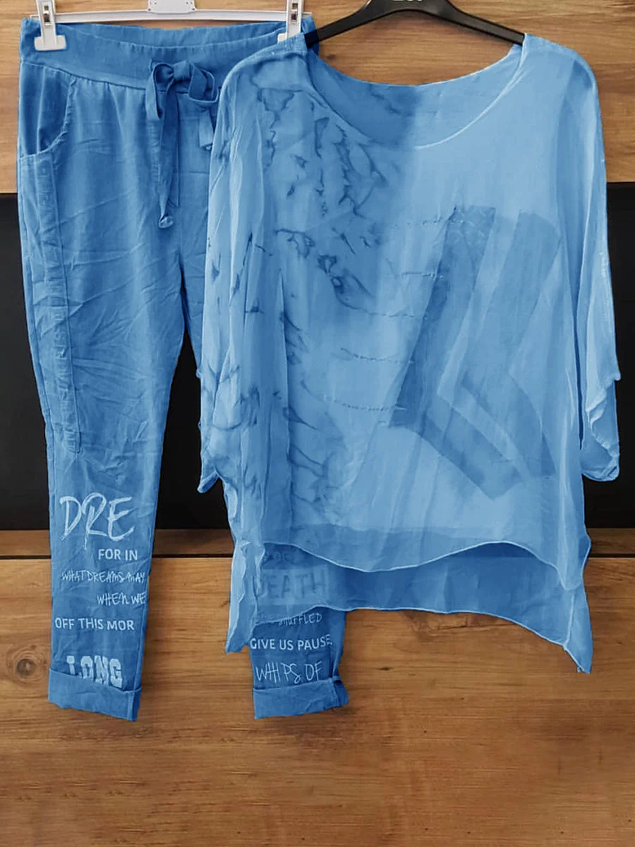 Printed Chiffon Top And Printed Pants Set