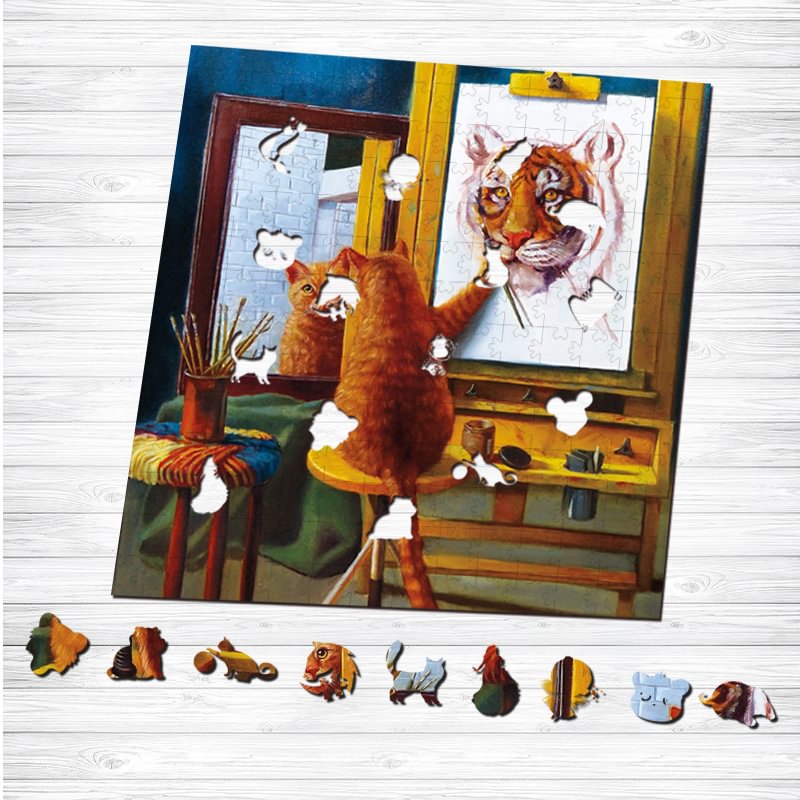 Jeffpuzzle™-JEFFPUZZLE™ The Painter's Cat Wooden Puzzle