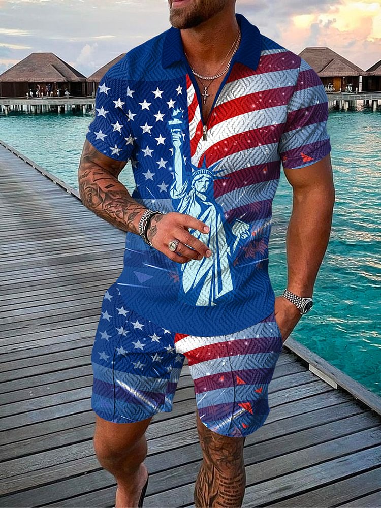 Men's Independence Day Statue of Liberty Printed Polo Suit