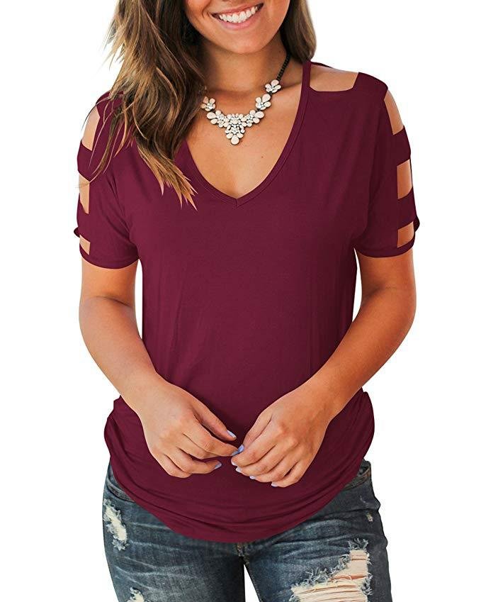 Women's Cold Shoulder Hollow Out Solid T-shirt Short Sleeve V-Neck Casual Tops