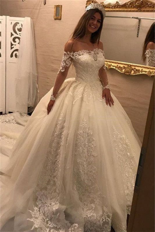 Luluslly Off-the-Shoulder Ball Gown Wedding Dress Lace Appliques Long Sleeves With
