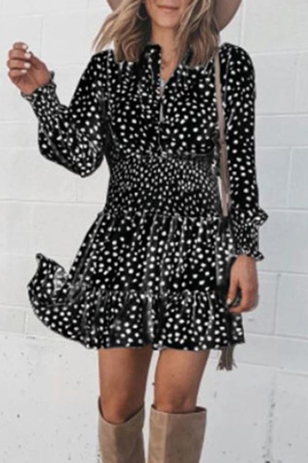 Womens Modern Smart Solid Color Polka Dot Pleated Midi Dress-Allyzone-Allyzone